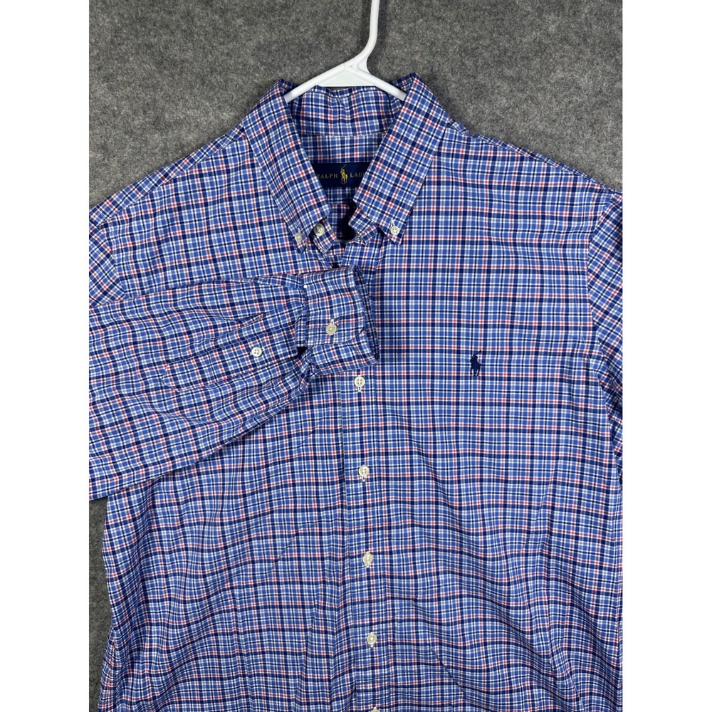 Ralph Lauren Mens Large Blue Red Plaid Long Sleeve Button Down Cotton Shirt L